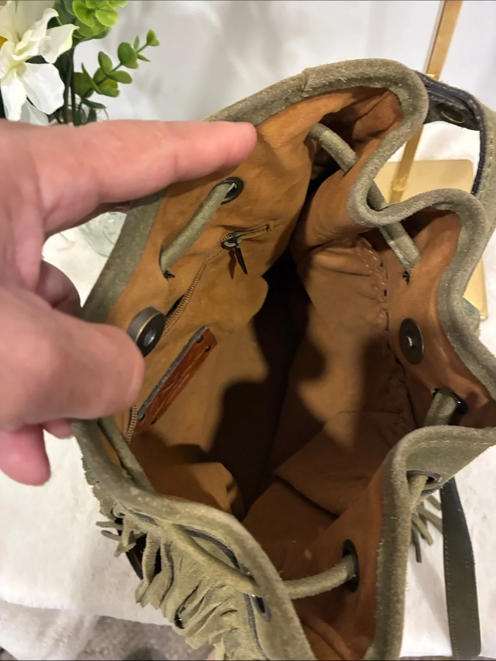 Patricia Nash Olive Green Italian Suede Leather Fringe Hobo Boho Western Bag